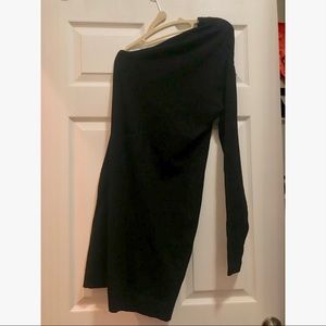Black, one shoulder bodycon dress.